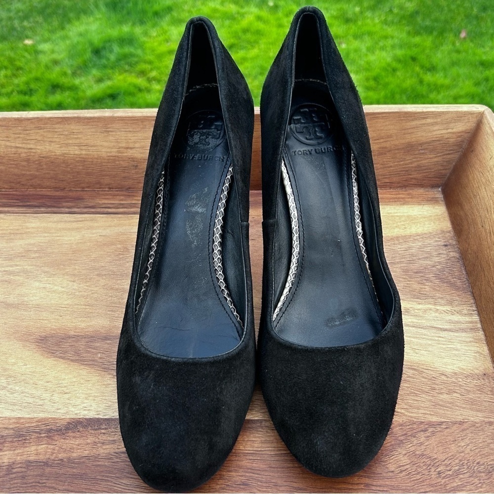 Tory Burch Black Suede Snake Skin Heels Dress Pumps | Size 9
